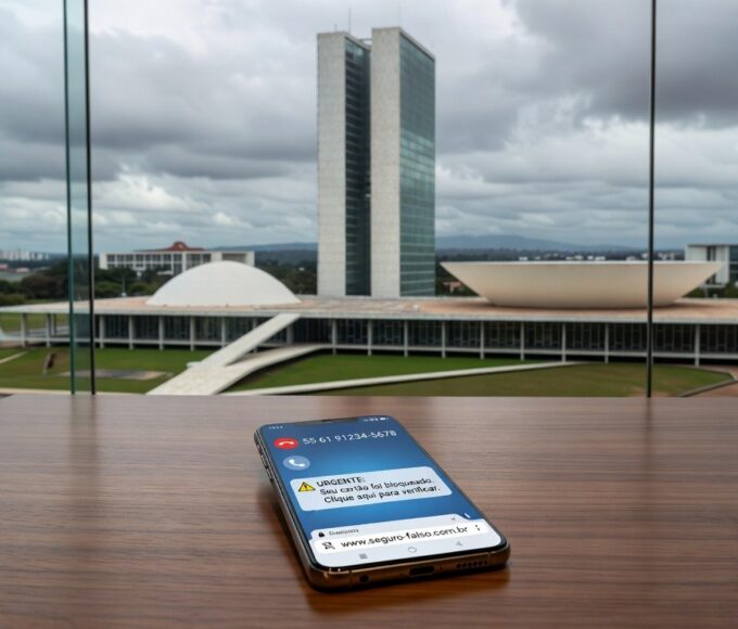 Smartphone com ícones de alertas de golpes virtuais em mesa residencial em Brasília, representando onda de fraudes online contra idosas.