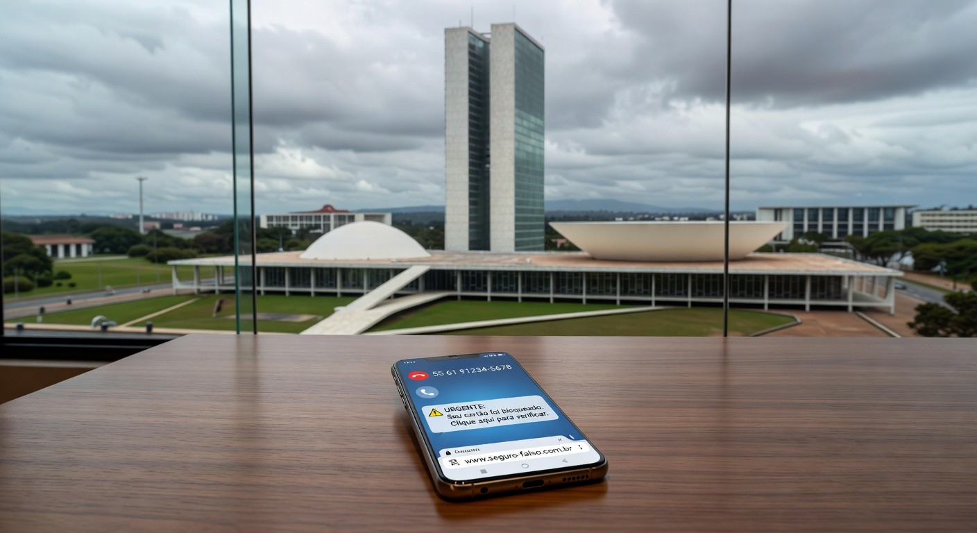 Smartphone com ícones de alertas de golpes virtuais em mesa residencial em Brasília, representando onda de fraudes online contra idosas.