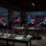 Laboratório de drogas desarticulado pela polícia em Taguatinga, com equipamentos químicos e viaturas ao fundo.