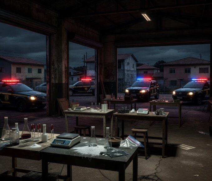 Laboratório de drogas desarticulado pela polícia em Taguatinga, com equipamentos químicos e viaturas ao fundo.