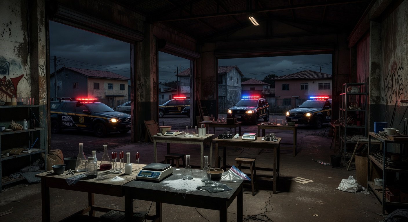 Laboratório de drogas desarticulado pela polícia em Taguatinga, com equipamentos químicos e viaturas ao fundo.