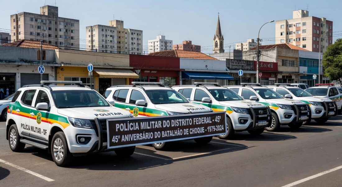 Viaturas da PMDF em rua de Taguatinga durante Operação Dois de Ouro para reforço de segurança e aniversário do batalhão.