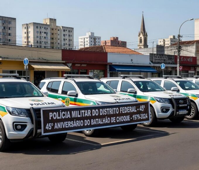 Viaturas da PMDF em rua de Taguatinga durante Operação Dois de Ouro para reforço de segurança e aniversário do batalhão.