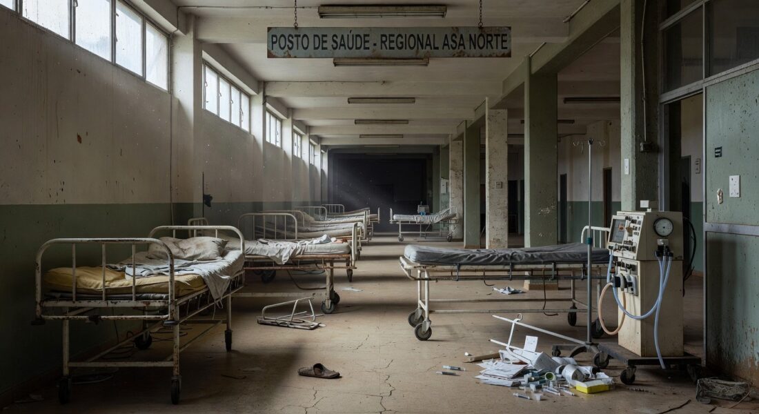 Hospital público em Brasília com sinais de negligência, representando descaso no sistema de saúde para doenças raras.