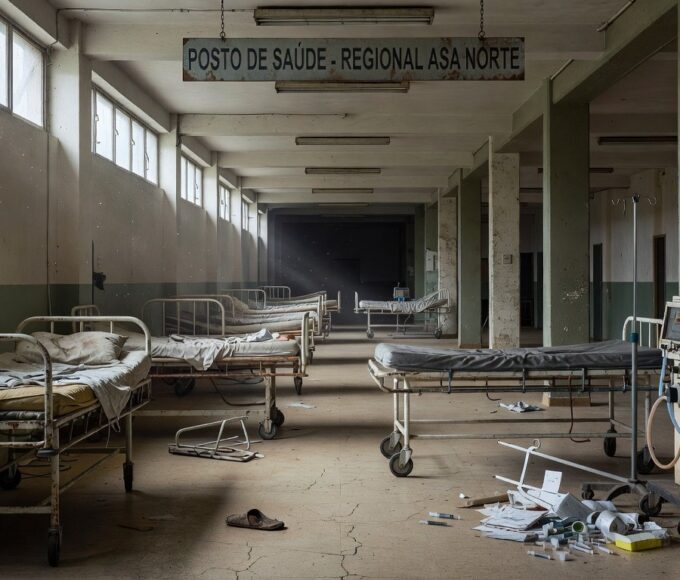 Hospital público em Brasília com sinais de negligência, representando descaso no sistema de saúde para doenças raras.