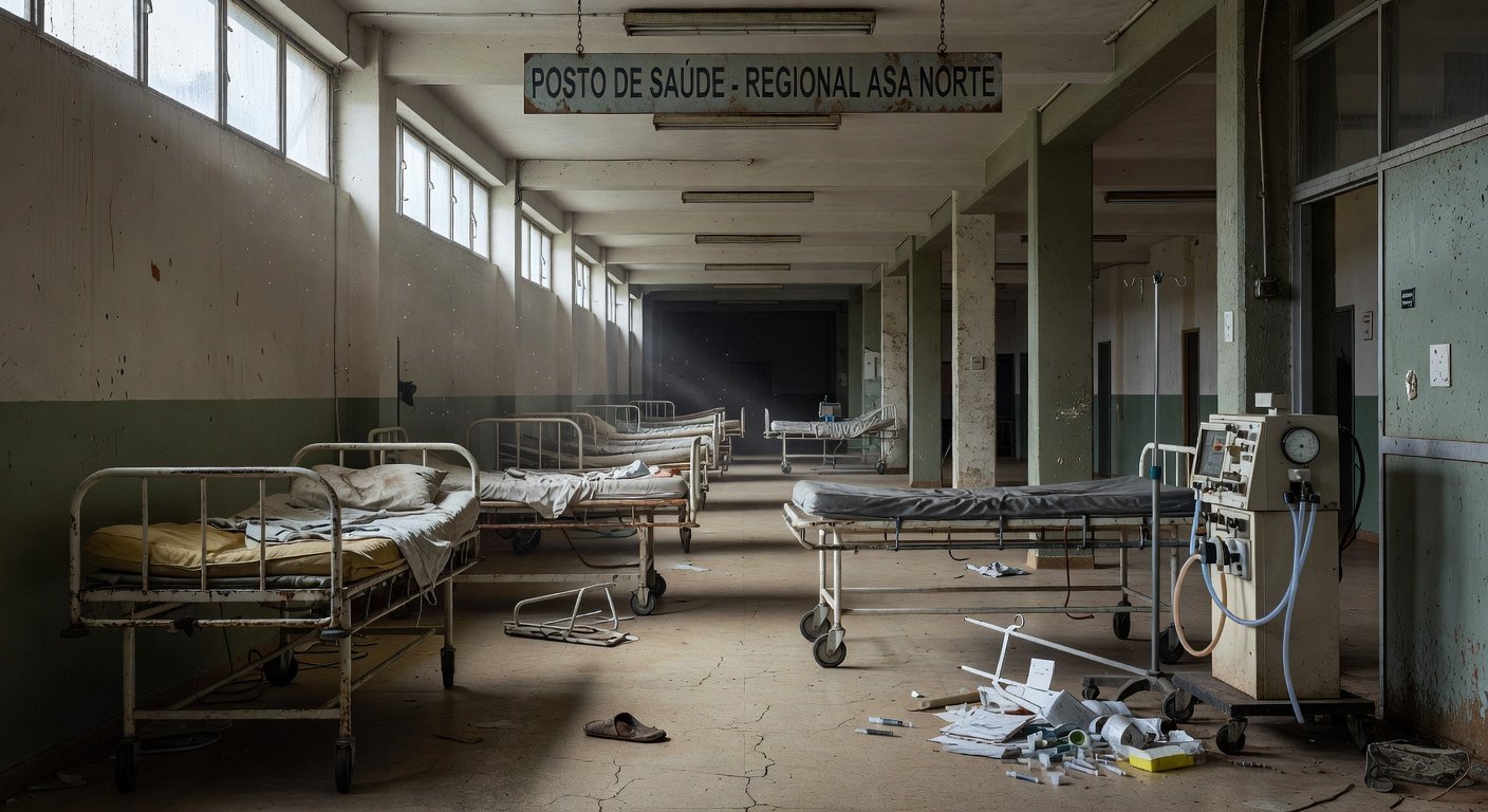 Hospital público em Brasília com sinais de negligência, representando descaso no sistema de saúde para doenças raras.