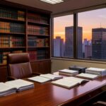 Escritório de advocacia em São Paulo com mesa e documentos legais, representando contratação de advogado de defesa.