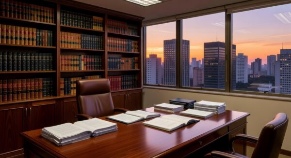 Escritório de advocacia em São Paulo com mesa e documentos legais, representando contratação de advogado de defesa.