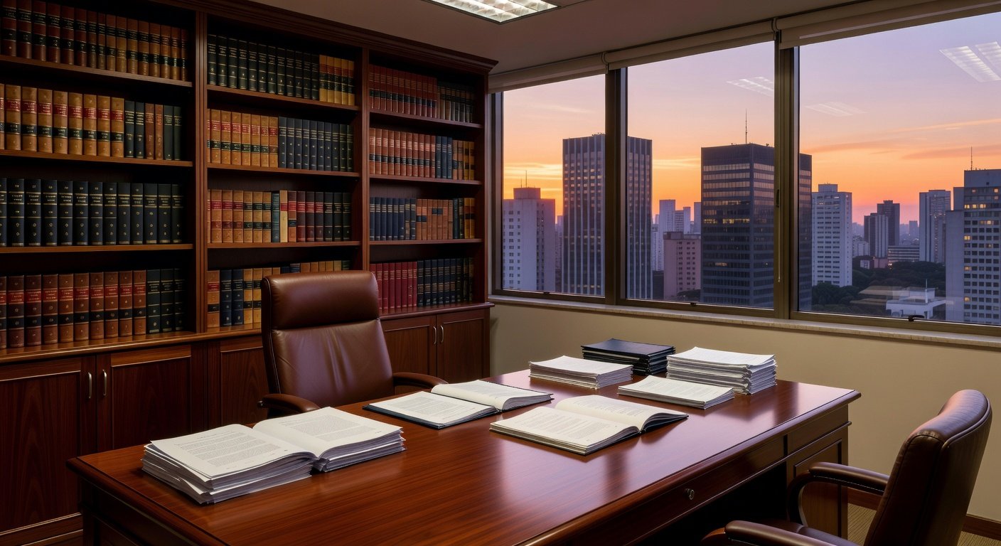 Escritório de advocacia em São Paulo com mesa e documentos legais, representando contratação de advogado de defesa.