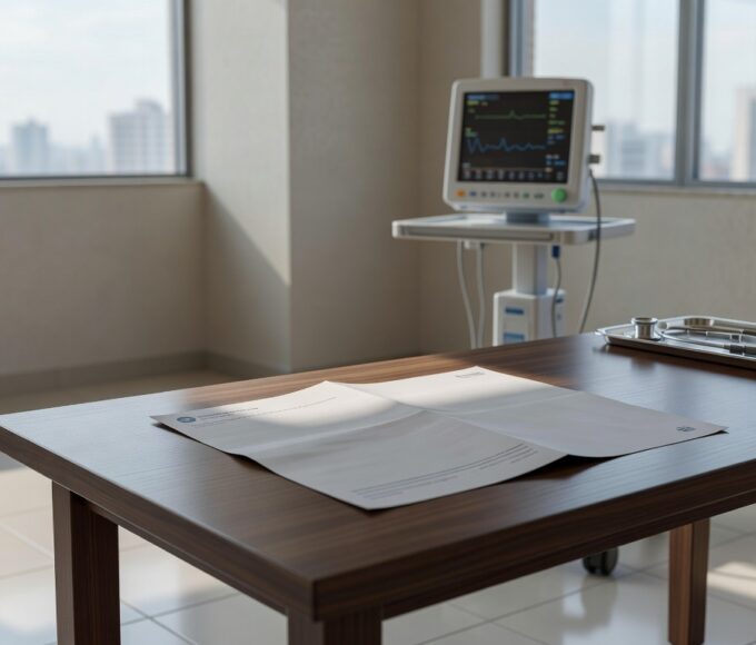 Boletim médico em mesa de hospital brasileiro, com equipamentos ao fundo, representando atualização de saúde.