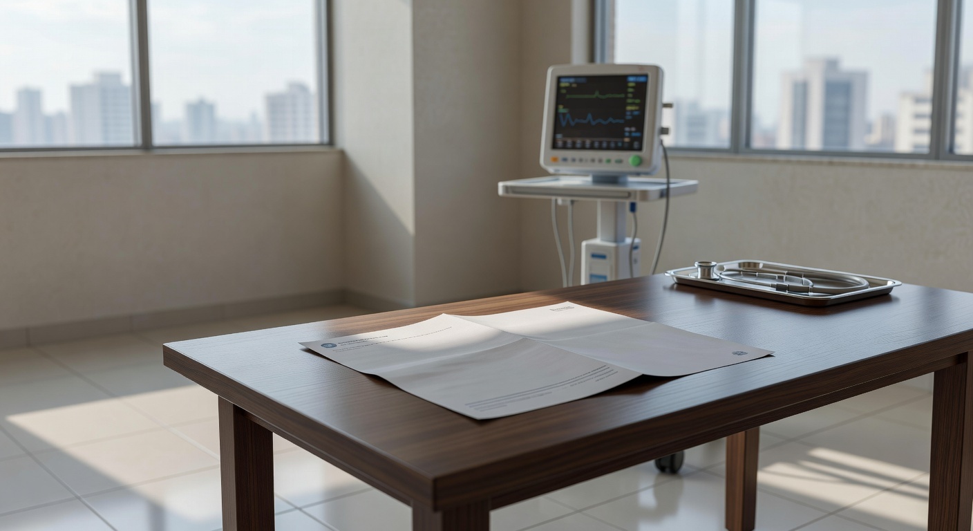 Boletim médico em mesa de hospital brasileiro, com equipamentos ao fundo, representando atualização de saúde.