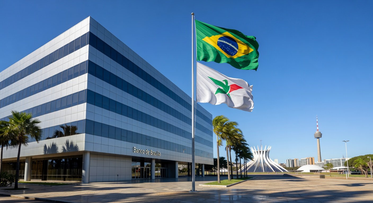 Fachada do Banco de Brasília em dia ensolarado, simbolizando anúncio de recurso contra liminar sobre capitalização.