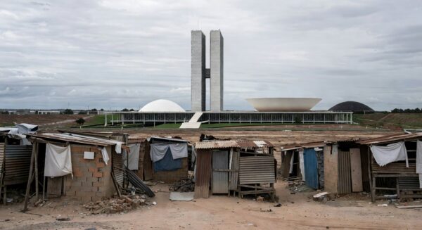 Prédio da CLDF em Brasília com bandeiras desbotadas, representando falhas na proteção a mulheres e idosos no Distrito Federal.