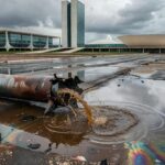 Mesa com pilhas de documentos burocráticos em escritório da Caesb no DF, representando exclusão de jovens em seleção de estagiários.