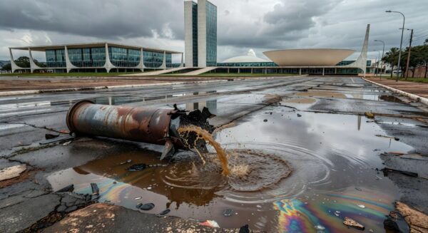 Mesa com pilhas de documentos burocráticos em escritório da Caesb no DF, representando exclusão de jovens em seleção de estagiários.