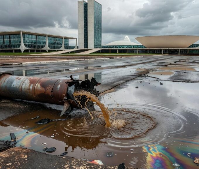 Mesa com pilhas de documentos burocráticos em escritório da Caesb no DF, representando exclusão de jovens em seleção de estagiários.