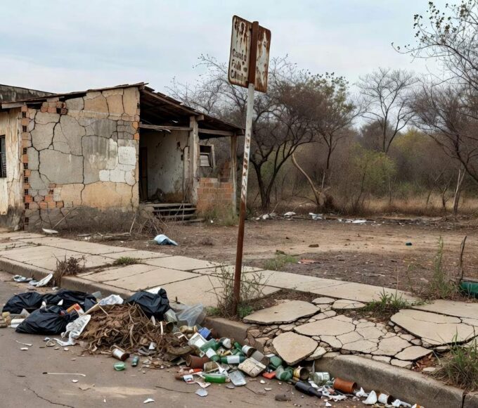 Rua deteriorada em Riacho Fundo I, DF, simbolizando 36 anos de abandono e melhorias tardias pelas autoridades.