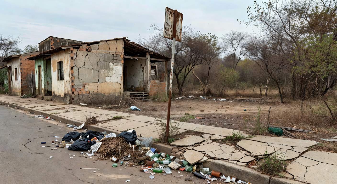 Rua deteriorada em Riacho Fundo I, DF, simbolizando 36 anos de abandono e melhorias tardias pelas autoridades.