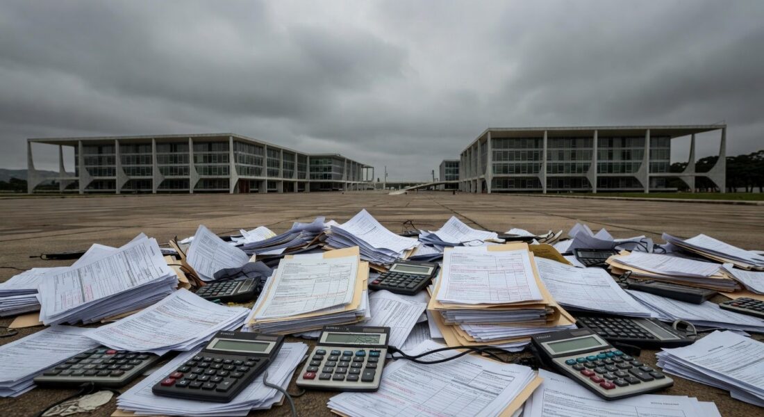 Vista da Esplanada dos Ministérios em Brasília com símbolos de carga tributária excessiva e crise no DF.