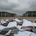 Vista da Esplanada dos Ministérios em Brasília com símbolos de carga tributária excessiva e crise no DF.