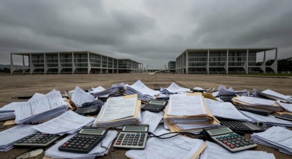 Vista da Esplanada dos Ministérios em Brasília com símbolos de carga tributária excessiva e crise no DF.