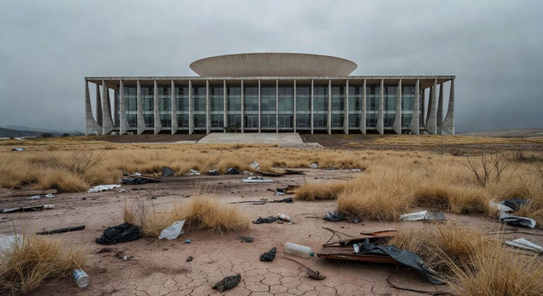 Edifício da CLDF em Brasília com área verde negligenciada, representando homenagem simbólica e críticas por ineficácia ambiental.
