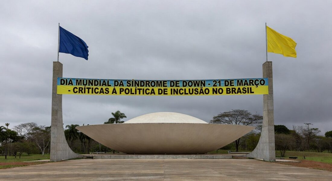 Fachada da CLDF em Brasília com símbolos do Dia Mundial da Síndrome de Down e falhas em rampas de acessibilidade.