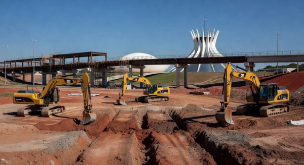 Obras de infraestrutura no DF contra enchentes e trânsito, com máquinas e construções em Brasília.