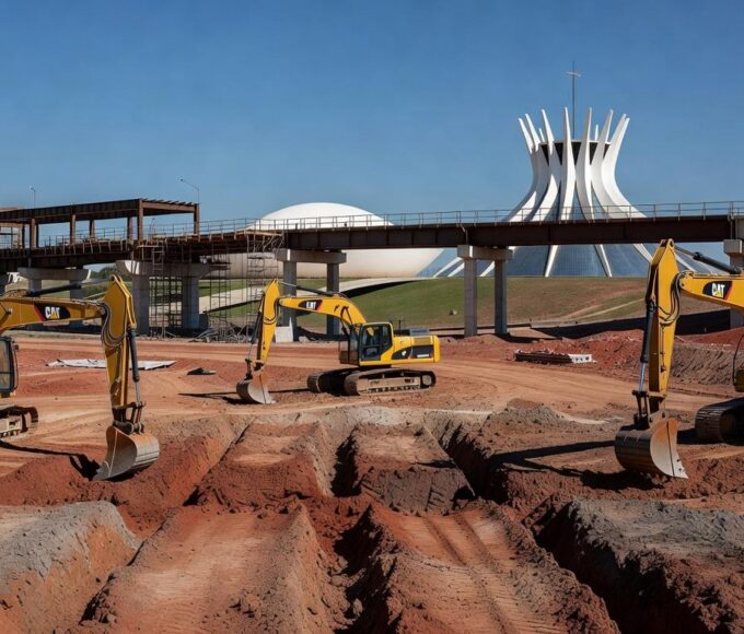 Obras de infraestrutura no DF contra enchentes e trânsito, com máquinas e construções em Brasília.