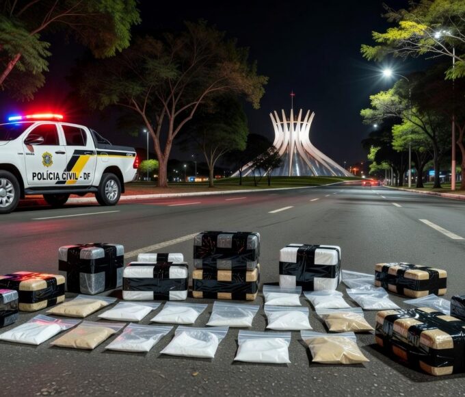 Viatura da Polícia Civil do DF em operação de apreensão de drogas premium em Brasília.