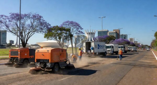Ações de zeladoria urbana pelo GDF e Novacap no Plano Piloto e Lago Sul em Brasília.
