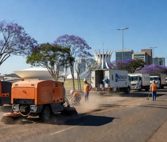 Ações de zeladoria urbana pelo GDF e Novacap no Plano Piloto e Lago Sul em Brasília.