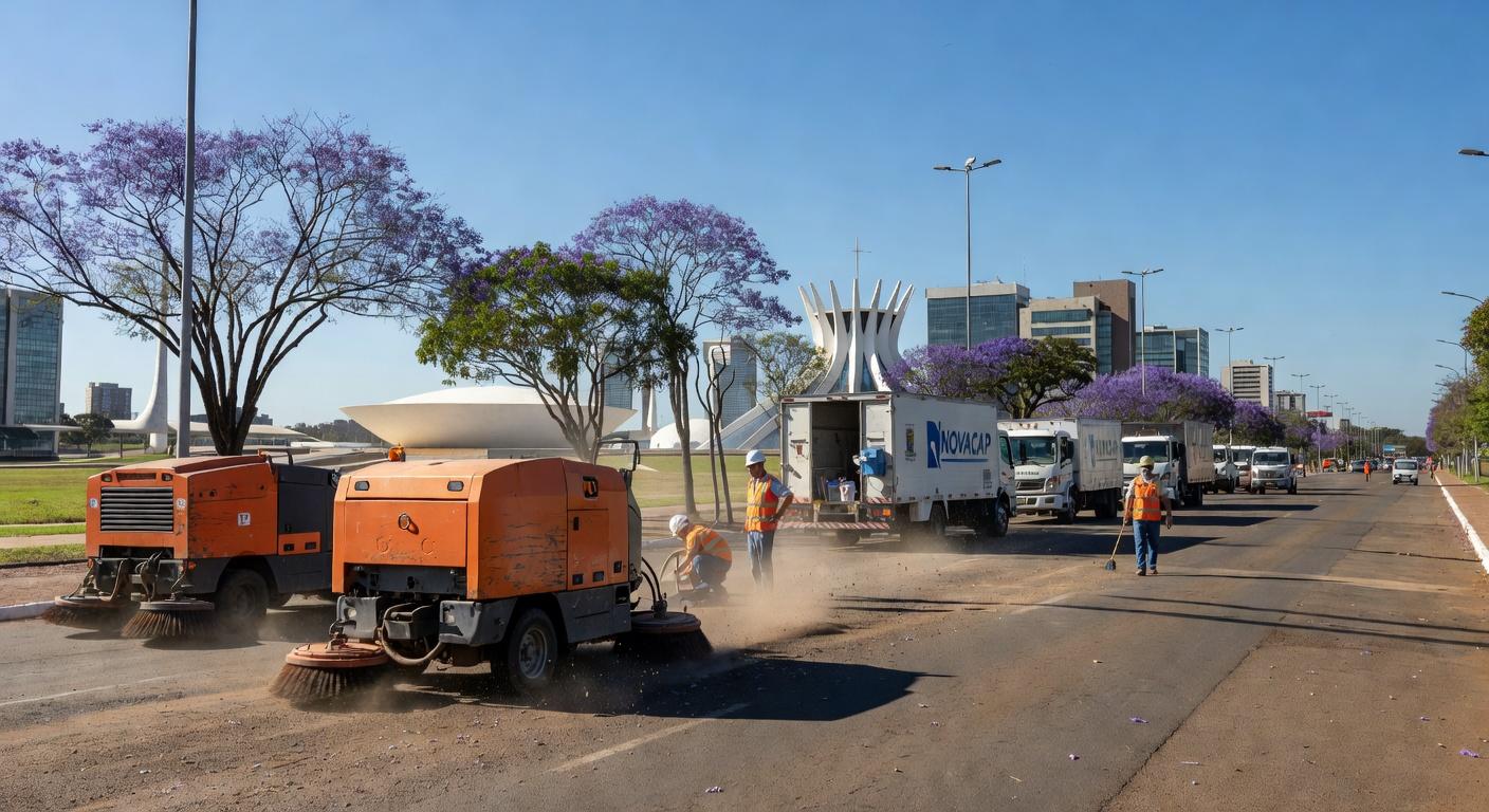 Ações de zeladoria urbana pelo GDF e Novacap no Plano Piloto e Lago Sul em Brasília.
