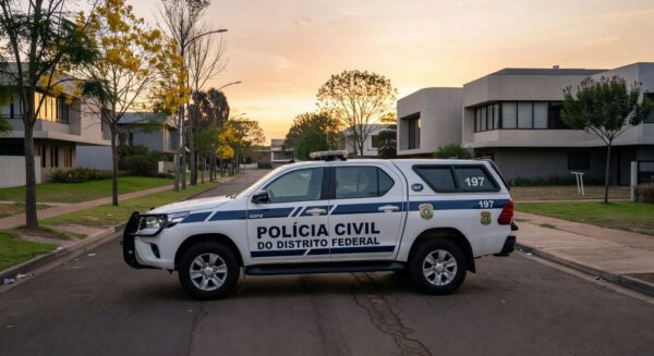 Viatura da Polícia Civil em rua residencial de Brasília, representando prisão por violência doméstica e posse irregular de armas.
