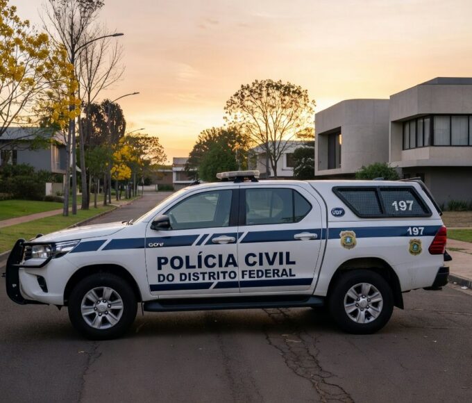 Viatura da Polícia Civil em rua residencial de Brasília, representando prisão por violência doméstica e posse irregular de armas.