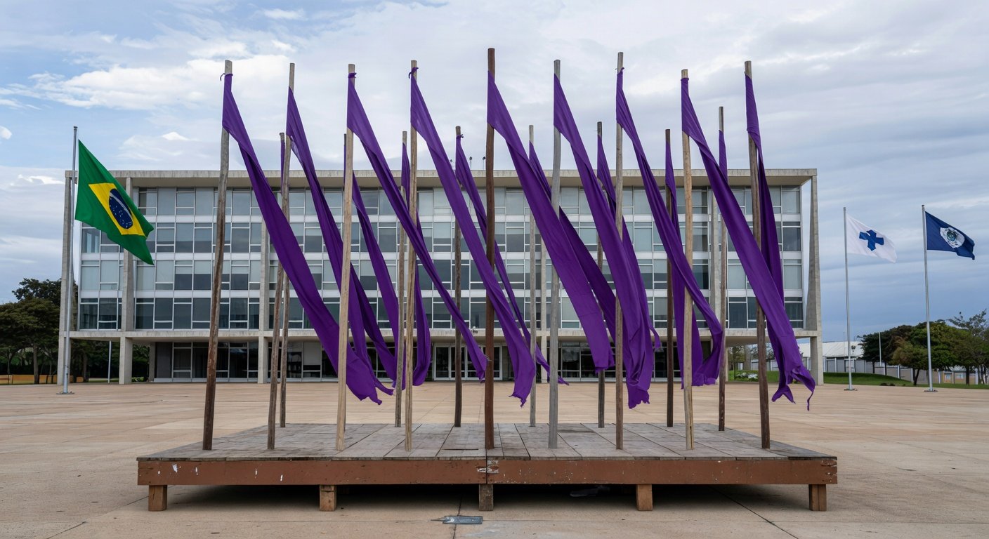 Palco com faixas roxas contra feminicídio em frente ao Palácio do Buriti, Brasília, DF.