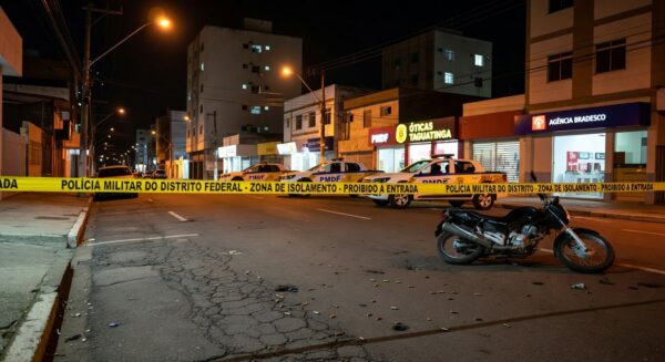 Cena de crime em rua de Taguatinga com fita policial, moto caída e viaturas, representando homicídio por atirador em moto.