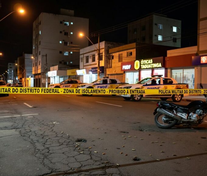 Cena de crime em rua de Taguatinga com fita policial, moto caída e viaturas, representando homicídio por atirador em moto.