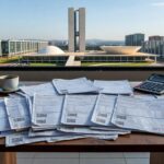 Imagem de notas fiscais sobre mesa com vista de Brasília, representando sorteio do Nota Legal 2026 no DF.