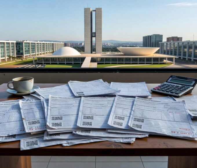 Imagem de notas fiscais sobre mesa com vista de Brasília, representando sorteio do Nota Legal 2026 no DF.