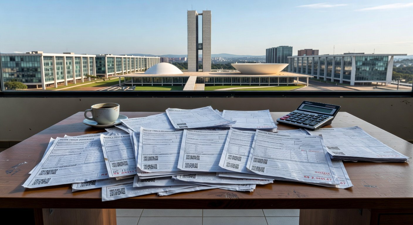 Imagem de notas fiscais sobre mesa com vista de Brasília, representando sorteio do Nota Legal 2026 no DF.