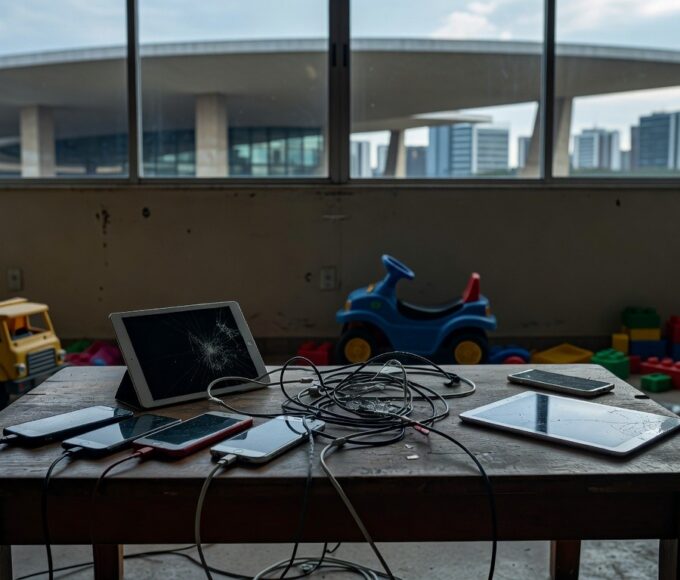 Sala brasileira com dispositivos eletrônicos acesos, alertando para danos do uso excessivo de telas em crianças.