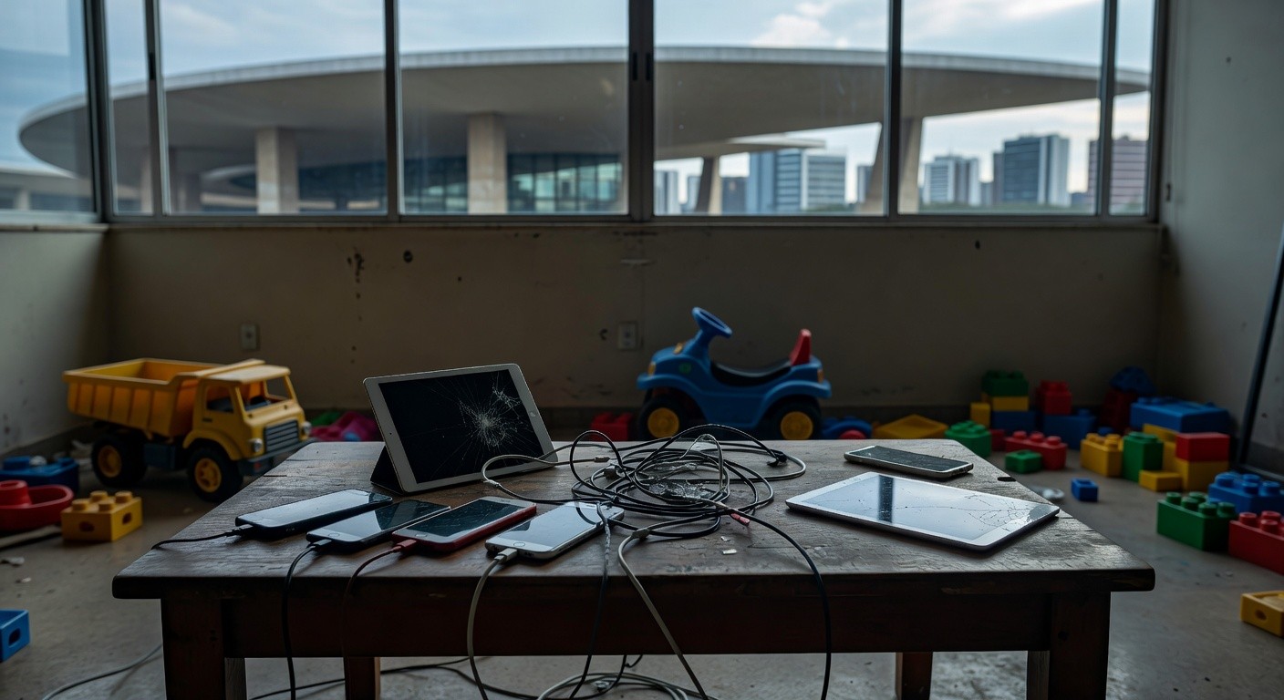 Sala brasileira com dispositivos eletrônicos acesos, alertando para danos do uso excessivo de telas em crianças.