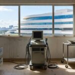 Hospital público em Brasília com aparelho de ecocardiograma, expondo negligência em exames para bebês com Down.