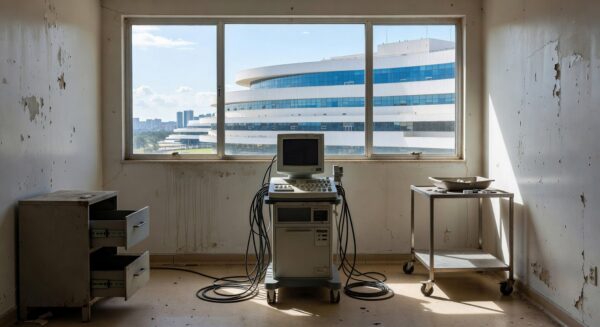 Hospital público em Brasília com aparelho de ecocardiograma, expondo negligência em exames para bebês com Down.