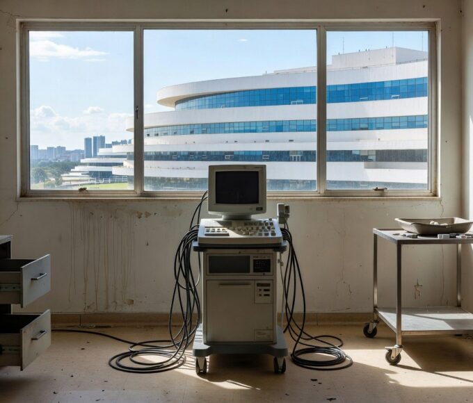 Hospital público em Brasília com aparelho de ecocardiograma, expondo negligência em exames para bebês com Down.