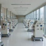 Sala de hemodiálise moderna em hospital no Distrito Federal, com máquinas e equipamentos médicos, representando expansão da rede com investimento de R$ 9,6 milhões.