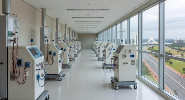 Sala de hemodiálise moderna em hospital no Distrito Federal, com máquinas e equipamentos médicos, representando expansão da rede com investimento de R$ 9,6 milhões.