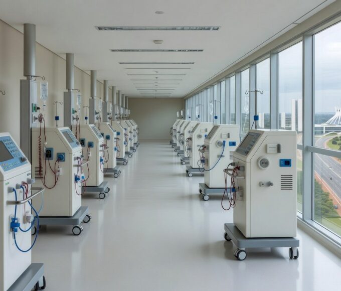 Sala de hemodiálise moderna em hospital no Distrito Federal, com máquinas e equipamentos médicos, representando expansão da rede com investimento de R$ 9,6 milhões.