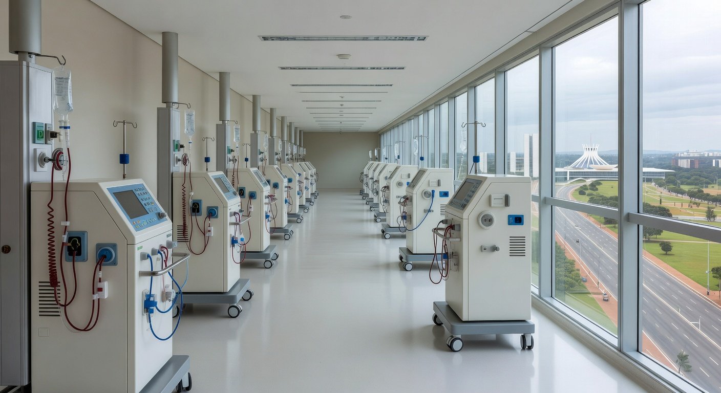 Sala de hemodiálise moderna em hospital no Distrito Federal, com máquinas e equipamentos médicos, representando expansão da rede com investimento de R$ 9,6 milhões.